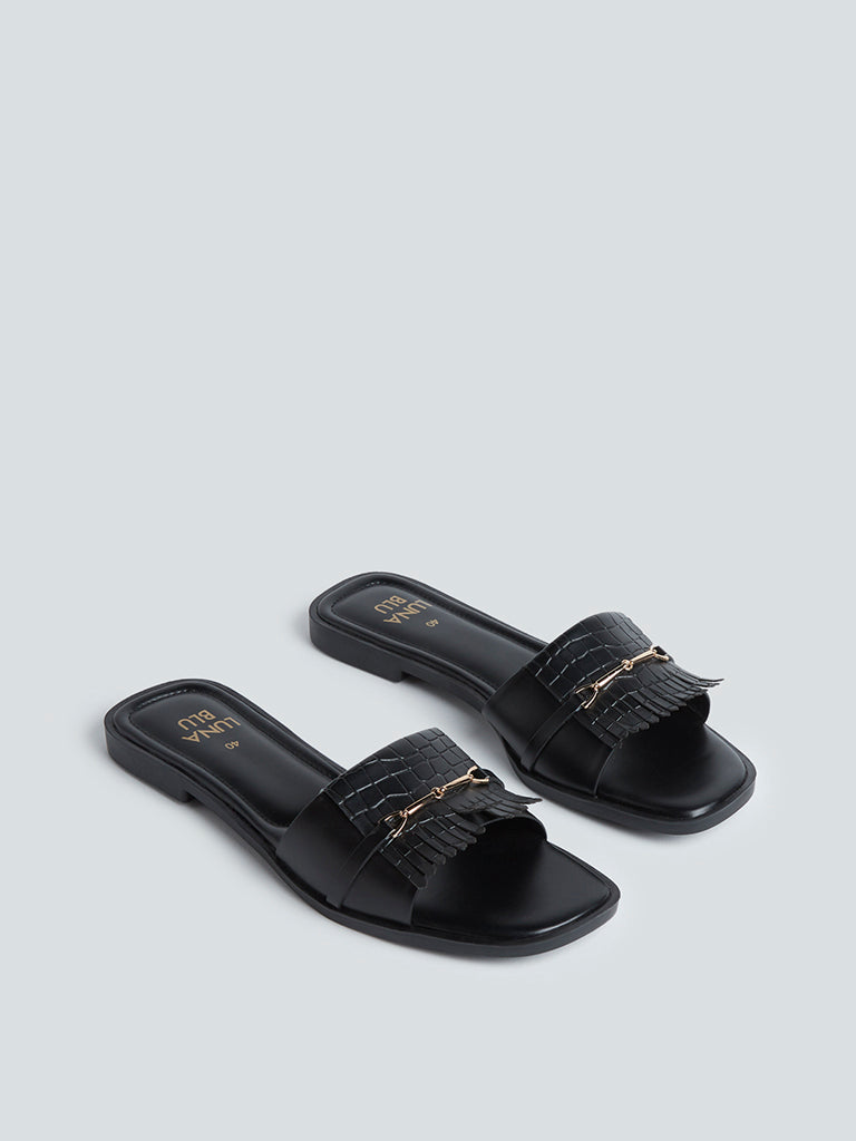 LUNA BLU Black Croc-Textured Slides